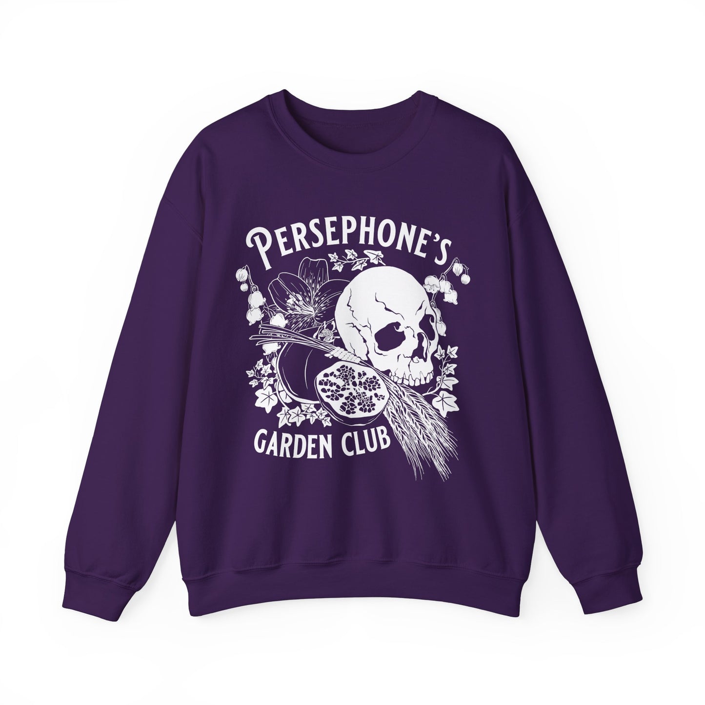 Persephone's Garden Club sweatshirt in purple with pomegranates and skull