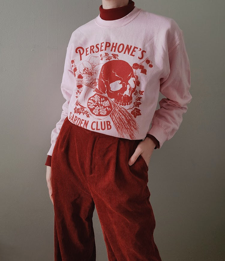 Persephone's Garden Club  sweatshirt in pink with pomegranates and skull 