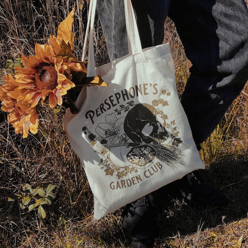 Persephone's Garden Club tote bag with pomegranates and skull 