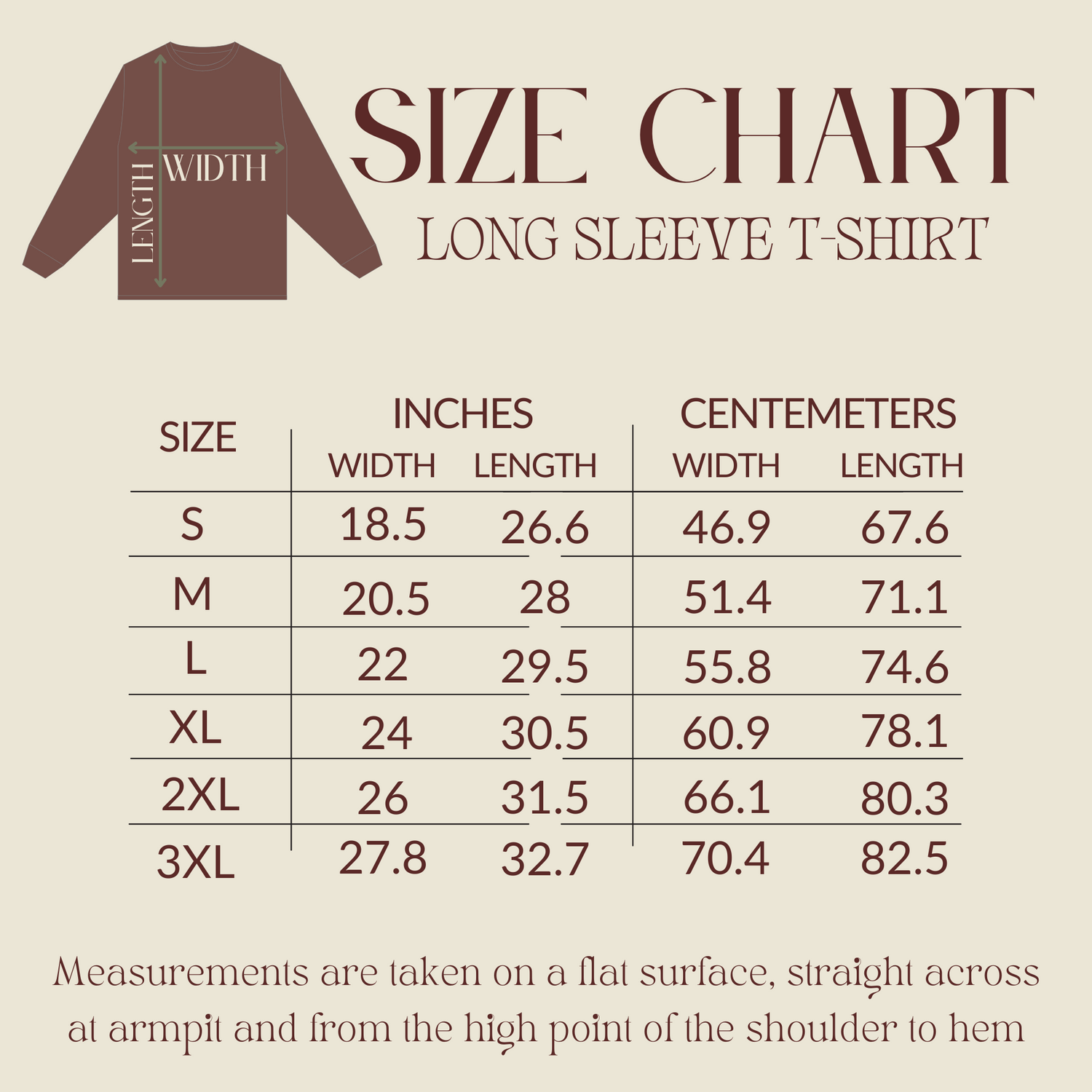 Size Chart for Long Sleeve Sweatshirts
