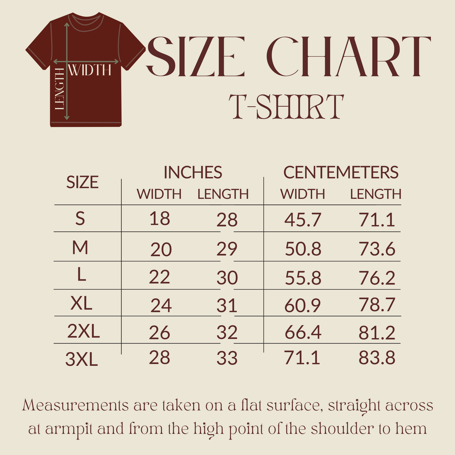Size chart for the shirts 
