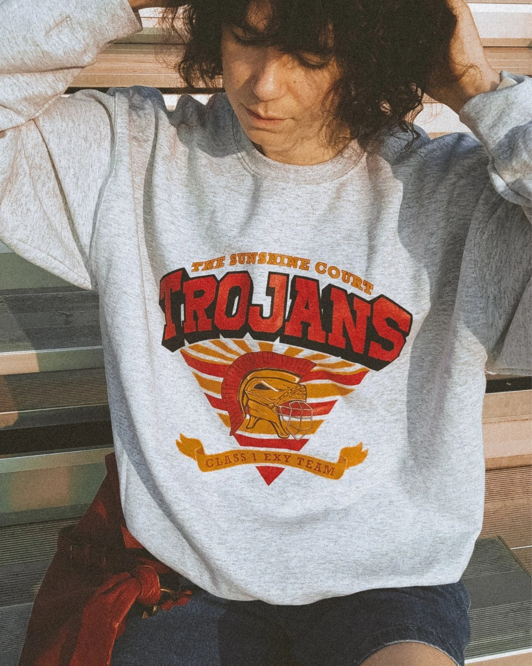 Trojan Sunshine Court Sweatshirt in Grey on model close up shotx