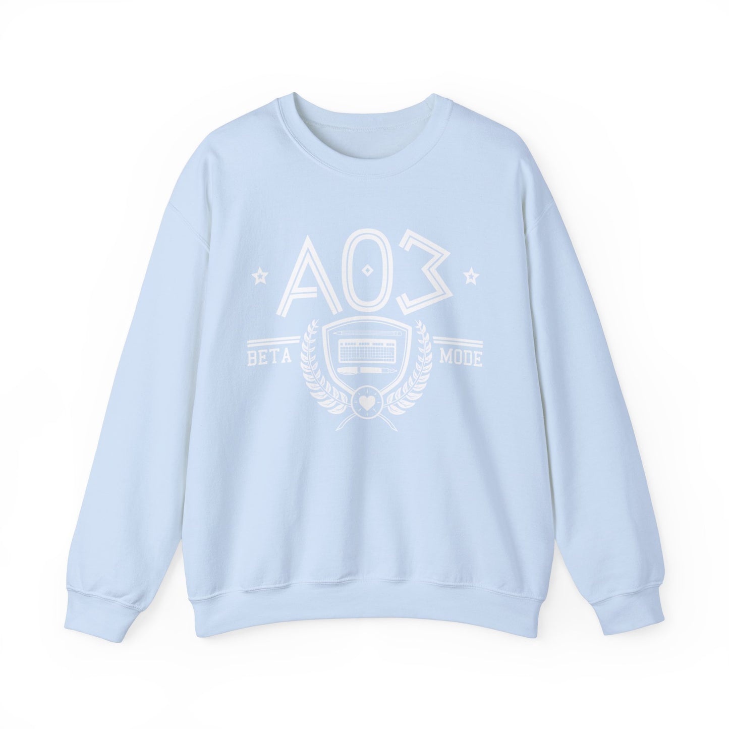 Product photo of the fanfic website inspired shirt with a sorority themed design in light blue