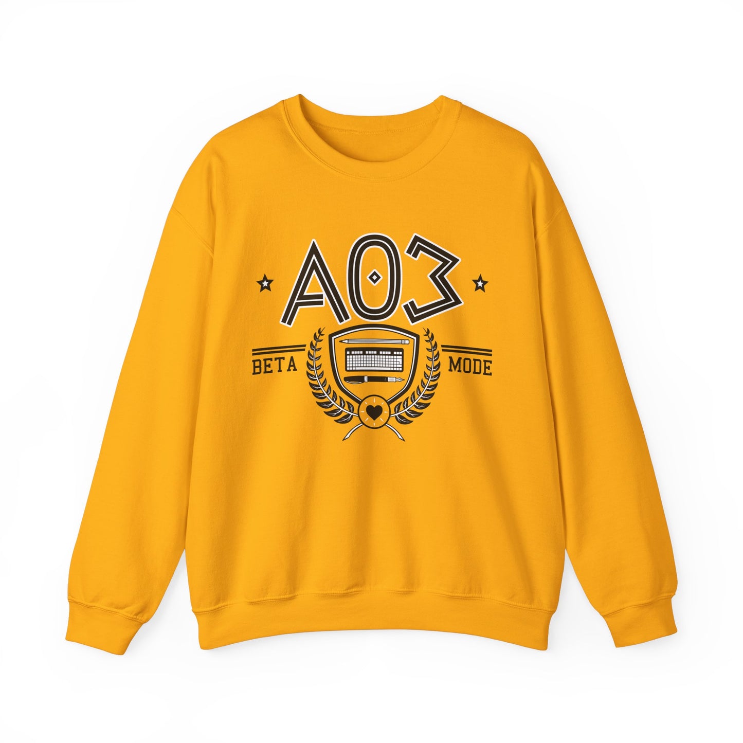 Product photo of the fanfic website inspired shirt with a sorority themed design in gold