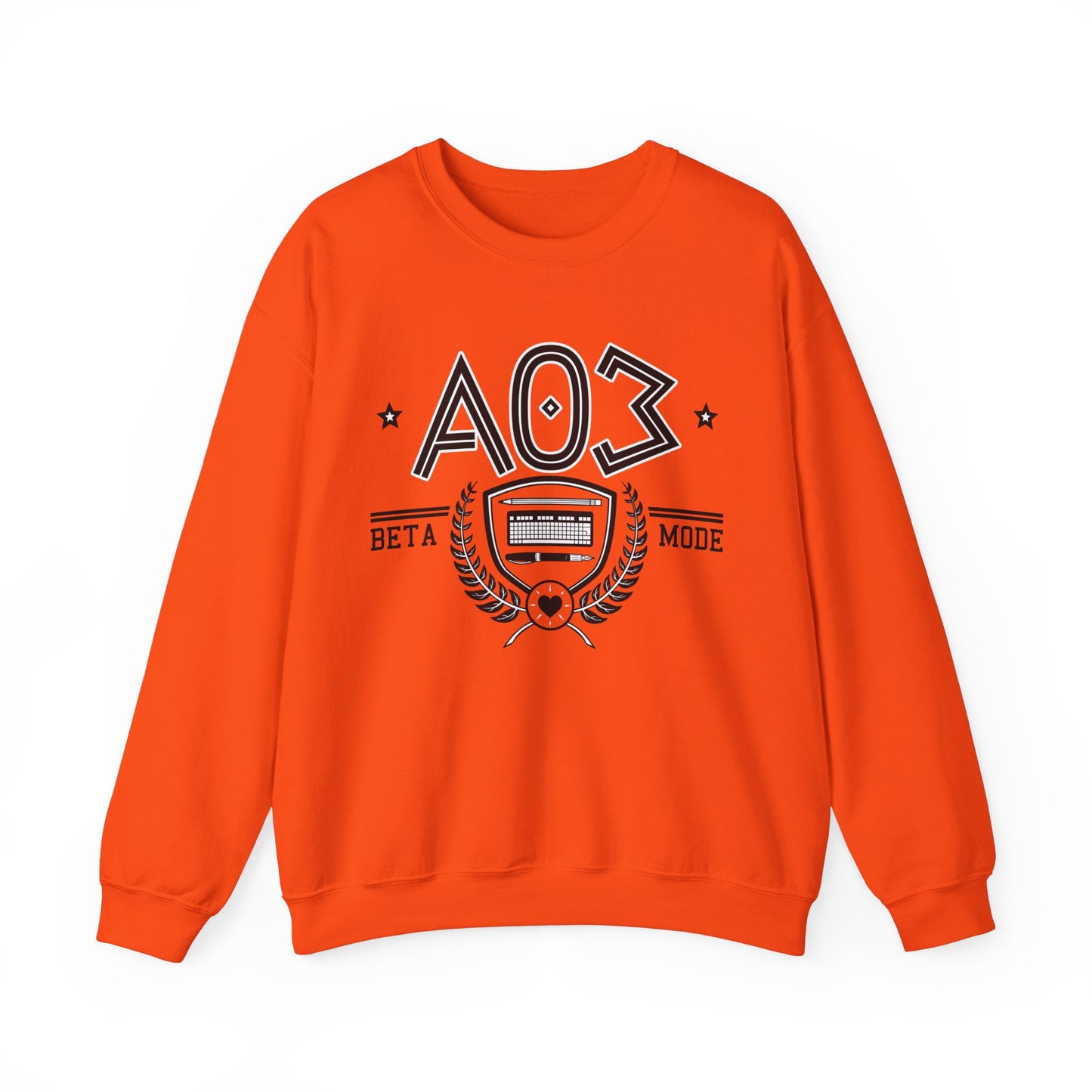 Product photo of the fanfic website inspired shirt with a sorority themed design in orange