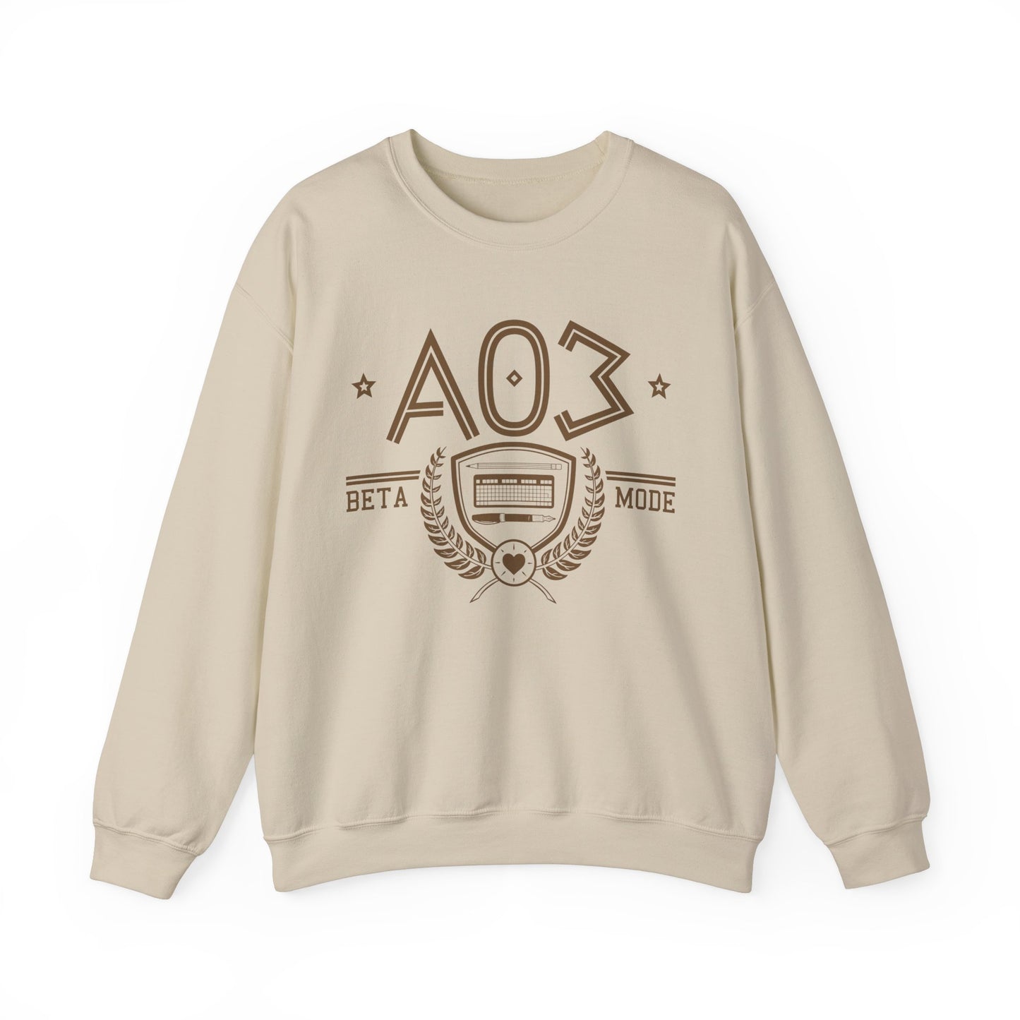 Product photo of the fanfic website inspired shirt with a sorority themed design in sand