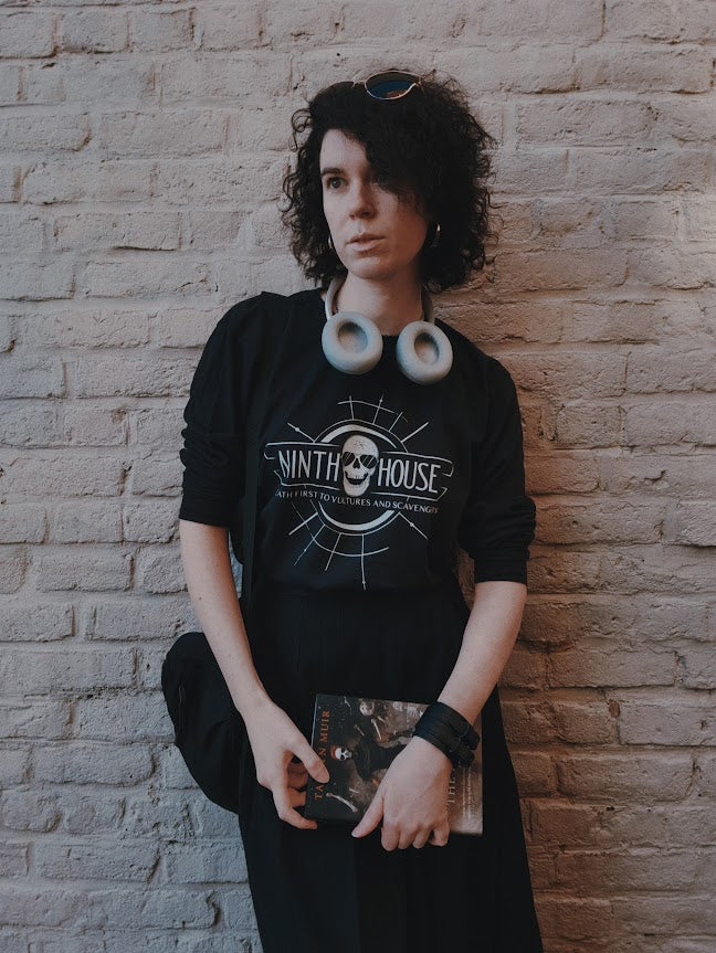 Gideon the ninth themed ninth house long sleeve shirt in black with skull and the phrase "death first to vultures and scavengers" 